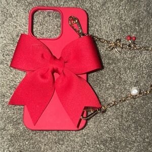 Red Bow Phone Case with Gold Chain Strap